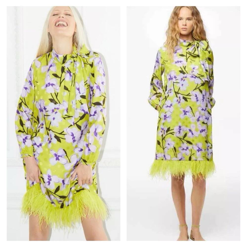Carolina Herrera Silk Mini Dress M Feathers Long Sleeve Green Floral Neck Tie